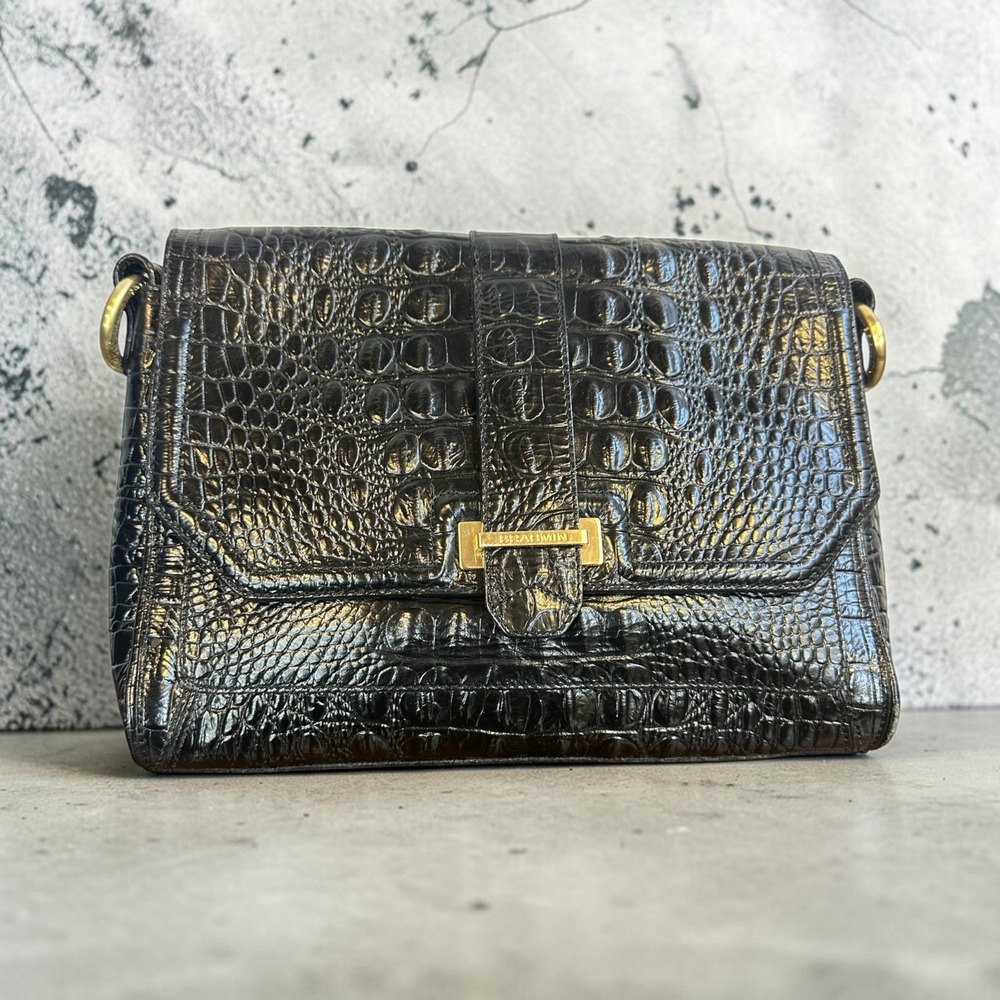 Brahmin Black Croc Embossed Leather Crossbody Style Bag Gold Hardware *No Strap